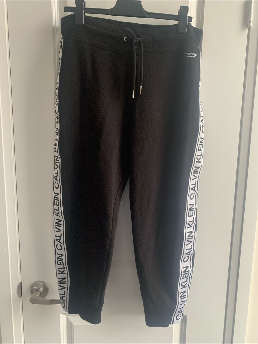 Calvin Klein Black Track Joggers with White Logo Side Stripes